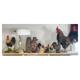 Group of assorted chickens and a desk lamp