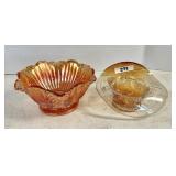 2 iridescent marigold glass dishes