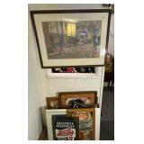 Group of framed wall art w/Pepsi metal sign