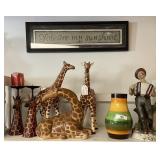 Shelf w/giraffe figures, studio pottery, figurine