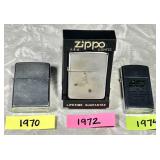 3 vintage 1970s Zippo lighters