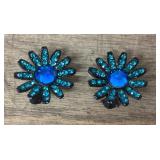 Blue Capri rhinestone daisy clip on earrings