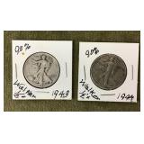 2 walking Liberty half dollars