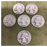 6 silver 1940s quarters