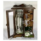 Homemade pine jewelry chest and contents