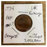 1934 UK farthing coin