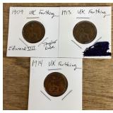 3 UK farthing coins