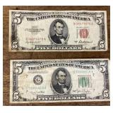 1950 red seal and 1953 A $5 US bank notes