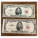 Two $5 red seal US bank notes