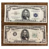 Blue seal $5 Silver Certificate & 1934 bank note