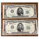 Two 1950 $5 US bank notes