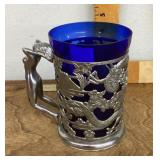 Japanese cobalt blue glass tankard w/nude handle