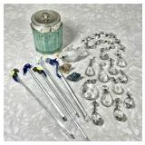 Glass dresser jar, swizzles, prisms, bird, shells