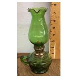 Green glass finger lamp with green chimney