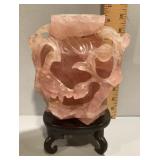 Chinese carved rose quartz vase on stand