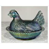 7" Indiana Glass Carnival Blue hen on nest