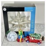 Blown glass ornaments & lighted star tree topper