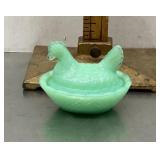 Mini green glass hen on a nest