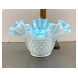 Blue opalescent milk glass hobnail bowl
