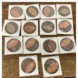 14 flattened souvenir coins