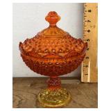 Amberina hobnail glass covered compote