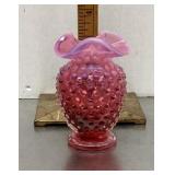 Cranberry opalescent hobnail glass vase