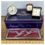 Crown Royal box, 3 alarm clocks, and tray