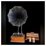 Antique Edison Home Phonograph with Cover and Exterior Cygnet Horn - Working
