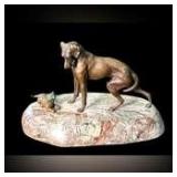 Bronze Dog with Cat Statue on Marble Base