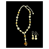 Amber-Tone Bead Necklace and Earring Set