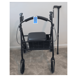 CVS Health Four-Wheel Rollator Walker with Seat and Basket and Adjustable Walking Cane