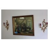Lot - Framed Vintage Painting "Morning Melodies" by R. Brownell McGrew and Pair of Wall Sconces
