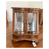 Wooden Music Jewelry Box with Etched Glass Doors - Contents Not Included