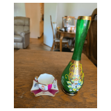 Lot - (1) Hong Sheng Porcelain Cup and Saucer and (1) Green Glass Vase