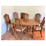 Dining Room Set with Wood Table and Six Cane Back Chairs