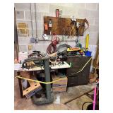 Tool Room Lot:  Shop Cabinet, vintage scale, corded tools, misc.