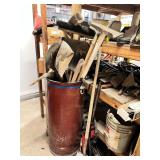 Barrel of tools: Shovels, pick, misc.