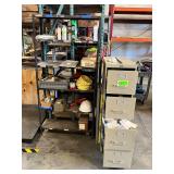 Filing Cabinet full of Ebay items and shelving unit with contents