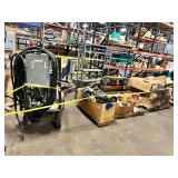 Large Lot: Mounted Elec Boxes, (2) gray shelves, Wheels & tires, Cart, Pallet of Evolve High Output Floods