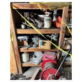 Shelf Contents: Hoses, Connectors, Hose Reel, Milwaukee tools, etc.