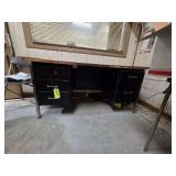 Metal Frame Office Desk with Woodgrain Laminate Top and Multiple Drawers