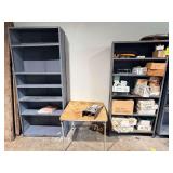 Lot - (2) Metal Shelves and Folding Table with Contents - Diamant Boart Inc. Diamond Blade Measuring Tool