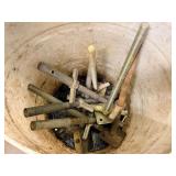 Lot - Assorted Scaffold Screw Jacks and Threaded Rods in Storage Barrel