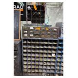Lot - Industrial Metal Parts Bins, Multi-Drawer Cabinets, and Assorted Hardware