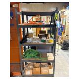 Lot - Shelves with Contents: Assorted Shop Hardware, Belts, Extension Cords, and Welding Supplies