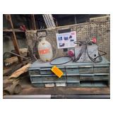 Lot - Metal Parts Cabinet with HDX Handheld Pump Sprayer and Lester Electrical Battery Charger