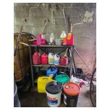 Lot - Shelf with Contents: Assorted Automotive Fluids, Fuel Cans, and Shop Supplies