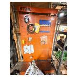 Lot - Assorted Industrial Hardware and Belts on Stihl Pegboard Display