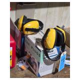 Lot - Industrial Hearing Protection Earmuffs, Box of Radnor Tapered Foam Earplugs, and Face Masks