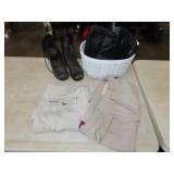 Lot w/ Boots, Pants, Purses & Basket